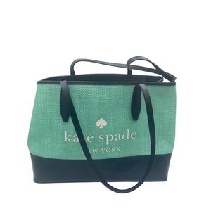 Kate Spade New York Green Woven Straw Tote Bag Navy Blue Trim Large Bag TLZFXB